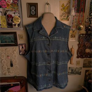 Floral Embroidered Denim Vest Women's 16W 2XL Blue Sleeveless Button Up
